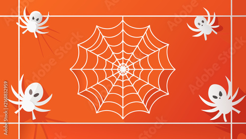 Halloween themed orange background with a central white spiderweb and four white paper-cut spiders in the corners.
