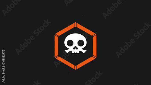 Skull head icon centered in orange hexagon frame on black backdrop suitable for modern edgy streetwear logos or gaming branding.