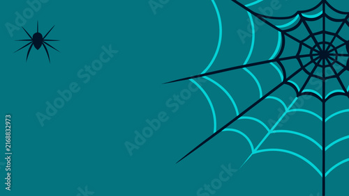 Detailed spider web structure with silhouette of arachnid on teal backdrop perfect for mysterious seasonal web banner backgrounds.