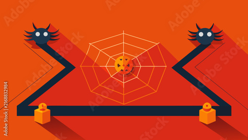 Orange background layout with central spider web and candle decor plus two dark spiders for festive mystery party invitation cards.