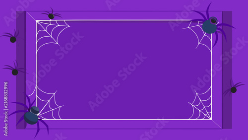 Halloween purple border frame decorated with spiders and cobwebs is suitable for spooky party invitations and photo presentations.