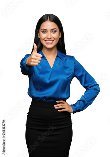 Young hispanic businesswoman in a tailored sapphire blue silk blouse, smiling and giving a thumbs up, isolated on a seamless transparent high-key background. Concept of professional success