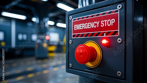 Emergency stop button in a modern industrial factory for workplace safety and machine control