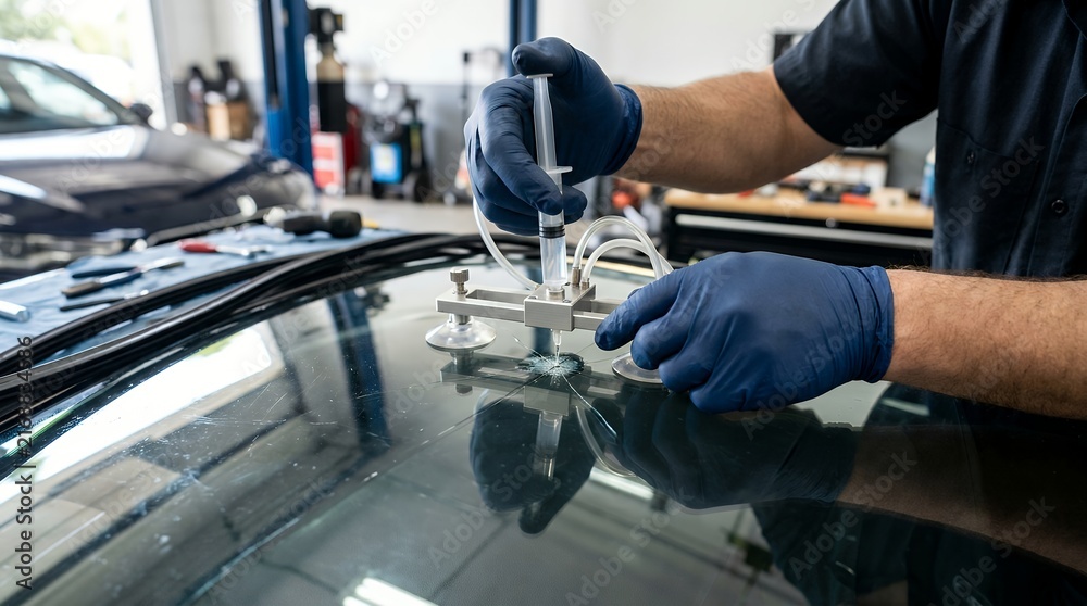 Fototapeta premium Technician repairing car windshield crack with resin injection tool in auto service garage.
