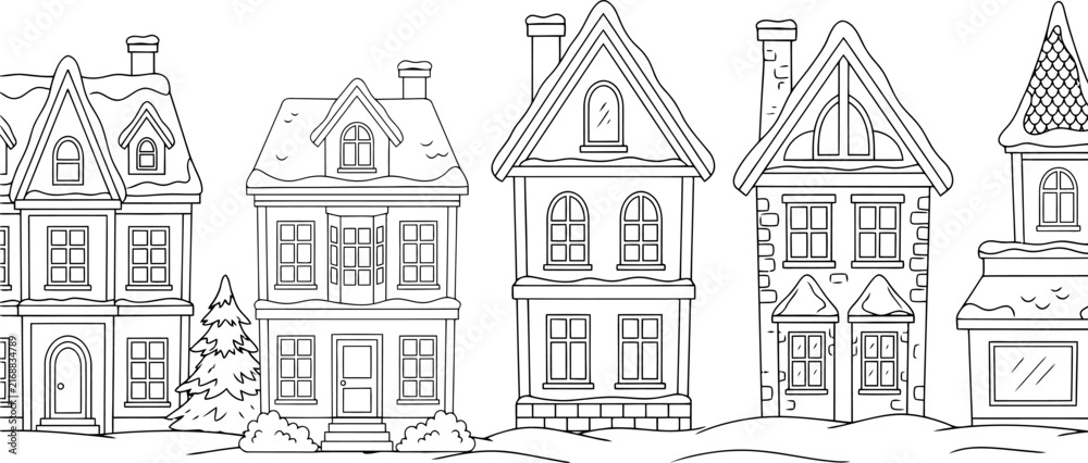 Obraz premium Cozy Winter Village Street Vector Illustration with Snow Covered Houses, European Buildings, and Pine Trees for Coloring Book, Christmas Cards, and Line Art Patterns