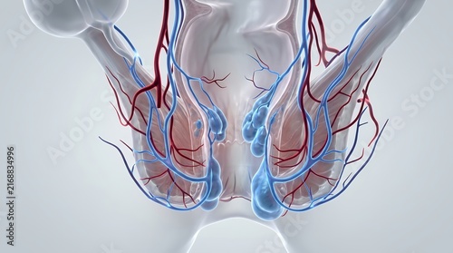 3D medical illustration of human hemorrhoids showing internal and external venous plexus.