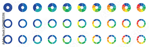 Pie chart set. Circle division infographic icon set. Pie chart divided 1,2,3,4,5,6,7,8,9,10 equal parts. Color palette guide. Vector illustration.