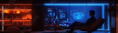 Intriguing interior scene with glowing displays.