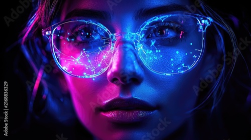 Close-up portrait of a person wearing illuminated eyeglasses.