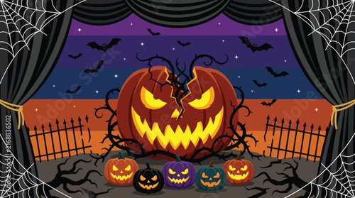 A spooky halloween stage backdrop featuring a large jack o' lantern and smaller pumpkins perfect for theatrical performances and festive decorations
