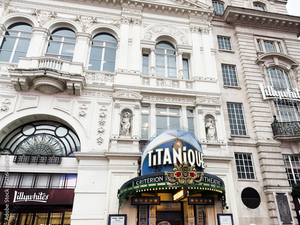 Obraz premium Titanique marquee and ornate theatre facade at the Criterion Theatre in London UK on a bustling West End street