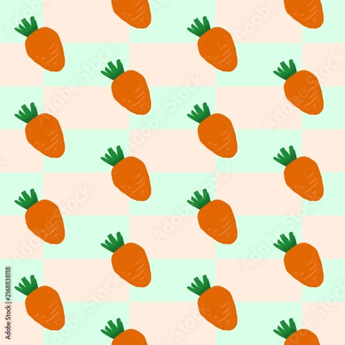 Carrot Pattern Background, Cute Vegetable Seamless Pattern with Orange Carrots on Pastel Checkerboard