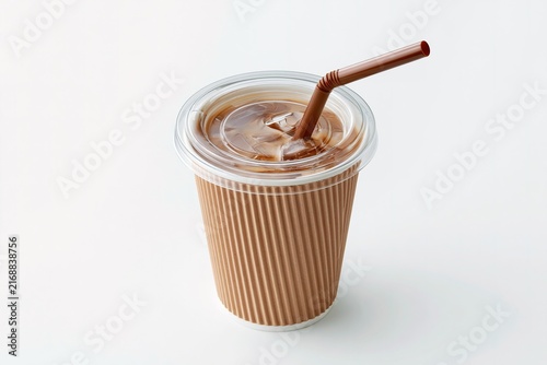 Iced Cappuccino in a Striped Cup with Straw