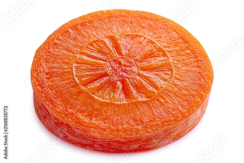 Round, dried orange slice with juicy texture.
