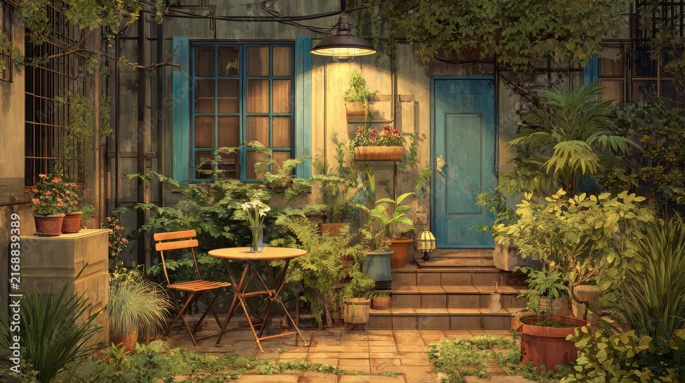 Fototapeta premium Cozy courtyard with potted plants and a table during evening illumination for serene relaxation