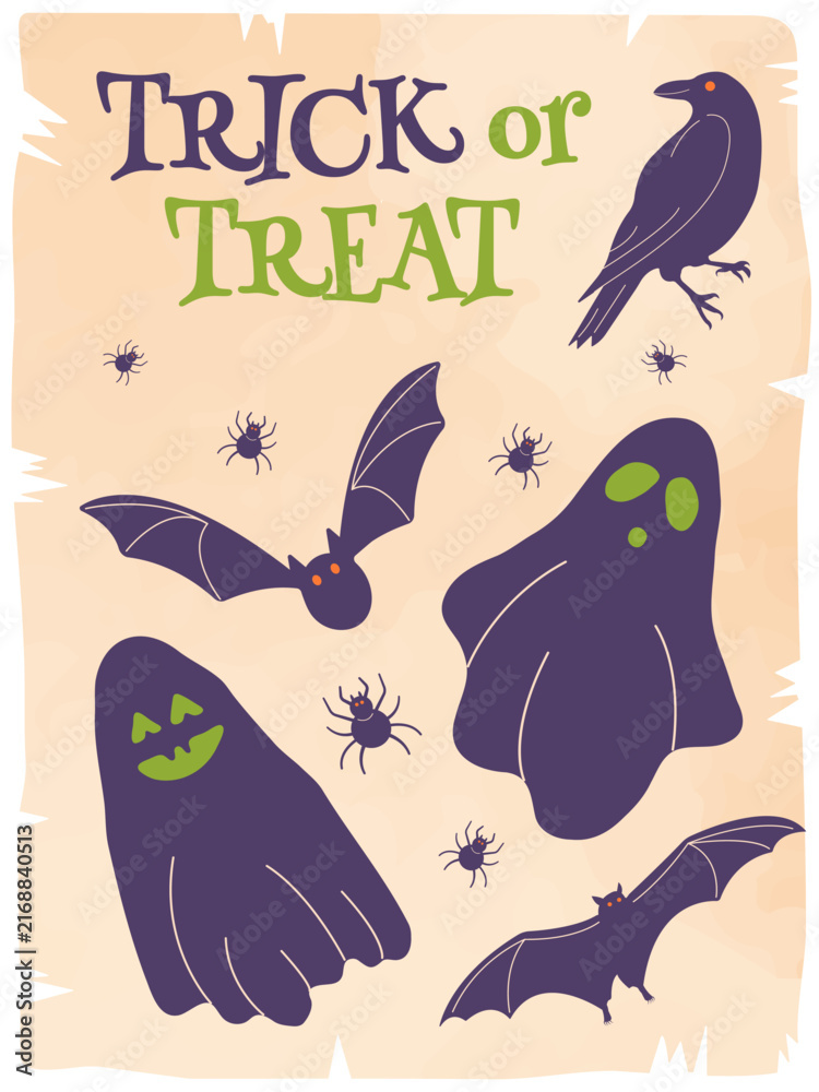 Naklejka premium Halloween Poster Features Bat Raven Spider And Bold Trick Or Treat Lettering. Vintage Vector Style Uses Old Paper Texture And Hand Drawn Doodles. Ideal For Party Invitations And Seasonal Prints Today.