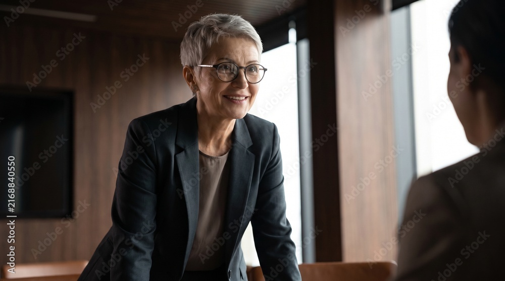 Fototapeta premium Experienced grey haired senior female mentor with glasses leaning on table during corporate executive training session, coaching young colleagues on leadership strategy in dark office.