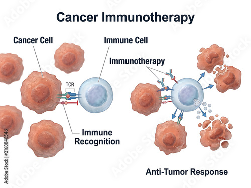 Cancer immunotherapy attacking tumor cells illustration isolated on white background