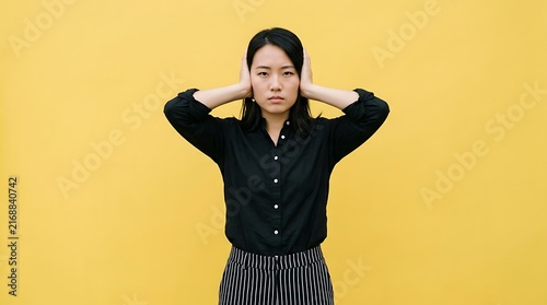Young professional covering ears in frustration or focus, bright studio background.