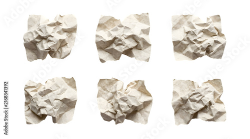 Crumpled paper balls set on white background, wrinkled beige paper texture sheets, collection of six crushed craft paper elements for design