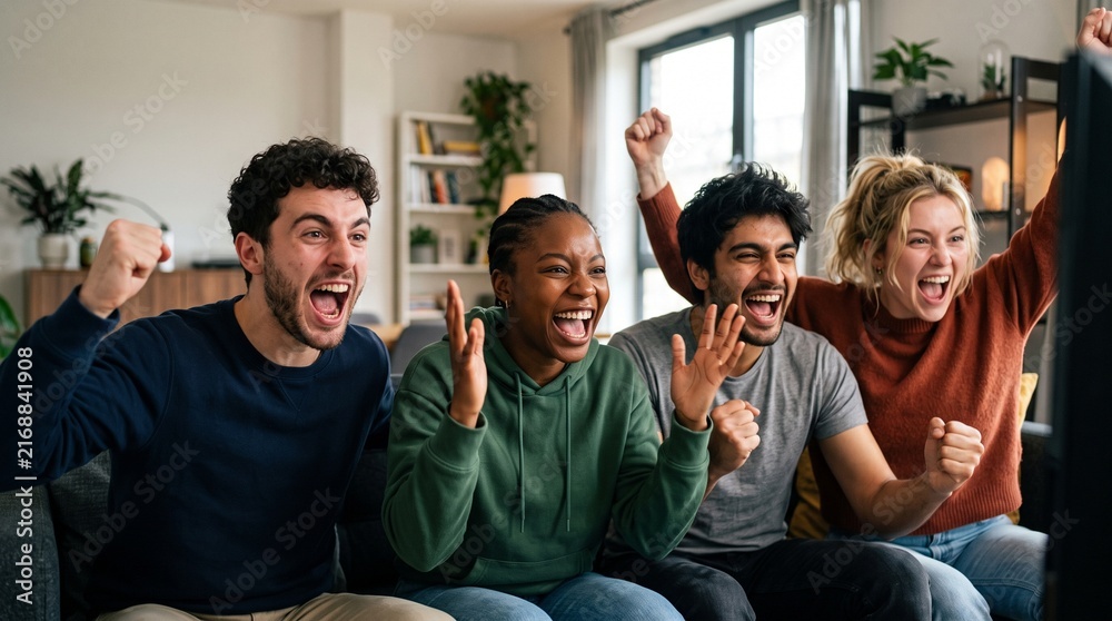 Obraz premium Diverse group of happy young friends cheering excited watching sports match stream live on television screen sitting together on sofa at modern home living room during leisure weekend time.