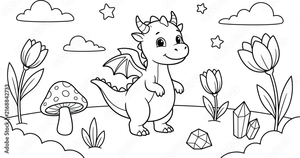 Naklejka premium Baby dragon cute vector illustration with crystals and flowers for kids coloring activity