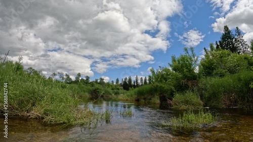 POV from the front of a canoe moving along a gently flowing  narrow stream surrounded by nature
