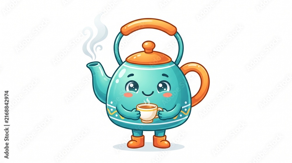 Fototapeta premium Cute teal teapot character holding cup of steaming tea. Charming cartoon kettle illustration isolated on white background