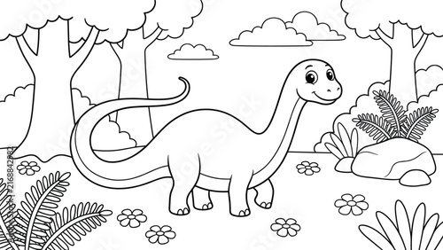 Bild auf Leinwand Long neck dinosaur cute vector illustration in forest for kids educational color