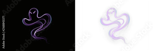 Abstract glowing purple ghost shape made of light trails isolated on transparent background
