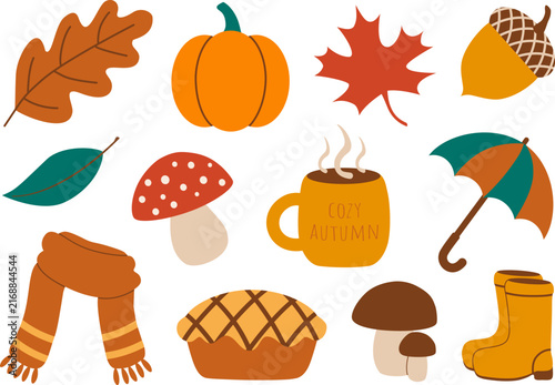 Cozy autumn vector set with pumpkin, warm drink mug, pie, scarf, boots and fall leaves