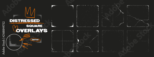 Distressed square overlay set, album cover stamp with grunge scratches, cracked edges, dust texture and worn photo frame effects for cd, vinyl. Album covers, old paper textures for overlay. Vector set