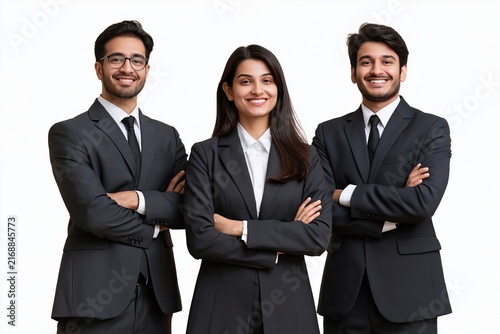 Three young business professionals in suits standing together with crossed arms on white background