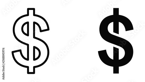 US dollar currency sign vector icon in thin outline and bold black styles for financial branding