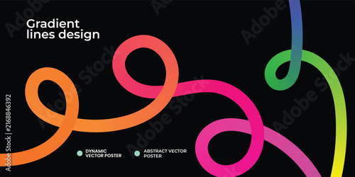 Neon gradient curved thick flowing loop line. Black background. Vector illustration.