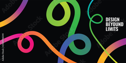 Bright gradient curved thick flowing spiral lines. Black background. Vector illustration.