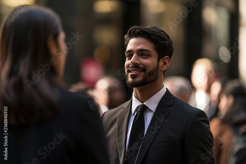 Smiling young businessman in suit talking with colleague on busy city street outdoors