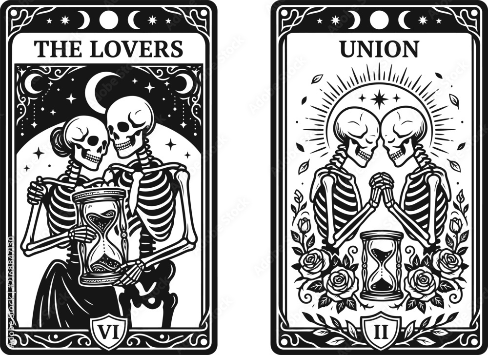 Fototapeta premium A hauntingly beautiful halloween tarot card depicting the lovers embracing mortality and the eternal bond of souls in a spooky vision