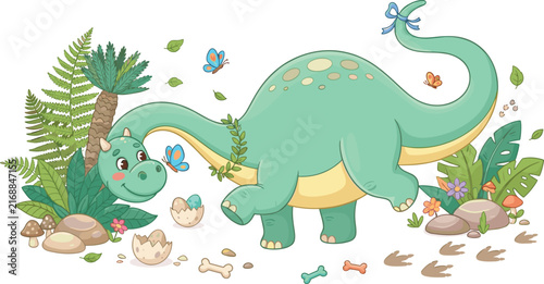 Bild auf Leinwand Cute cartoon dinosaur character playing with butterflies near hatching eggs foot