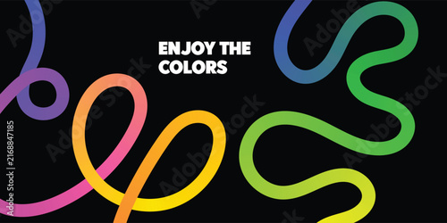 Rainbow gradient curved thick flowing loop lines. Black background. Vector illustration.