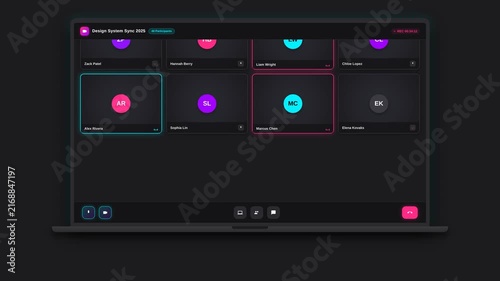 4K Notice Sign Animation of Laptop Virtual Meeting Grid Gallery Scrolling