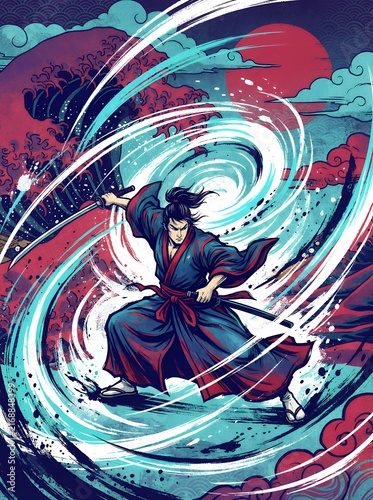 Japanese Samurai Warrior Wielding Katana with Swirling Wind Slash Effect, Traditional Ukiyo-e Wave and Red Sun Background Illustration for Apparel and Poster Design