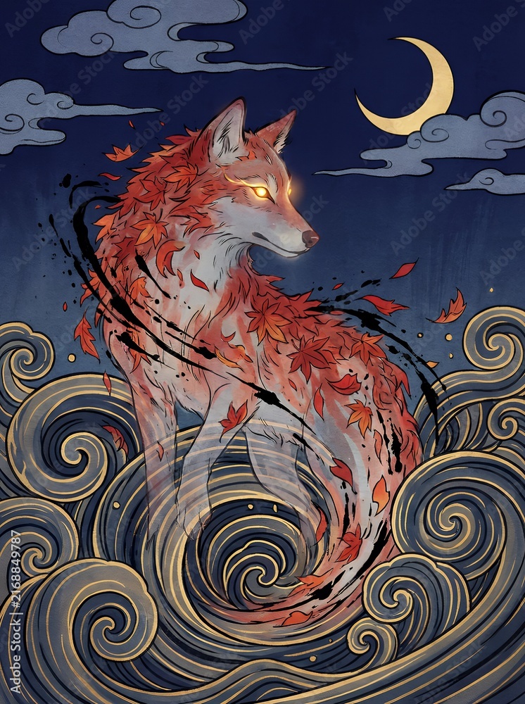 Obraz premium Mythical Japanese Wolf Spirit with Autumn Maple Leaves and Glowing Eyes in Swirling Waves Under Crescent Moon Night Sky, Asian Folklore Illustration for Fantasy Art and Poster Design