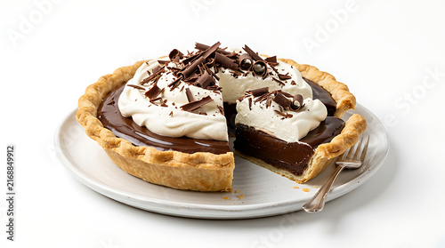 Classic chocolate cream pie with rich glossy chocolate filling, fluffy whipped cream topping and chocolate shavings, flaky pastry crust, isolated on pure white background, luxury bakery presentation