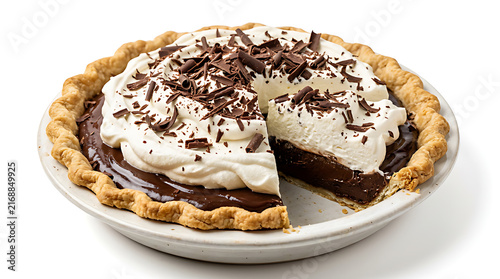 Classic chocolate cream pie with rich glossy chocolate filling, fluffy whipped cream topping and chocolate shavings, flaky pastry crust, isolated on pure white background, luxury bakery presentation