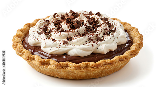 Classic chocolate cream pie with rich glossy chocolate filling, fluffy whipped cream topping and chocolate shavings, flaky pastry crust, isolated on pure white background, luxury bakery presentation