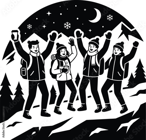 Canvas Print Four hikers celebrate with raised arms against a mountain and crescent moon vect