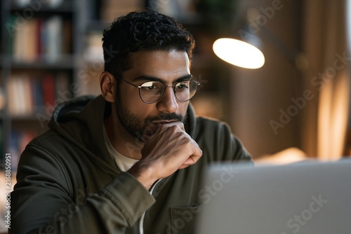 Thoughtful bearded man with glasses wearing hoodie looking at laptop screen in dark room
