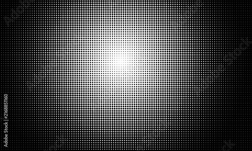 monochrome halftone pattern backdrop with glowing center white dot gradient on dark black textured abstract vector design template