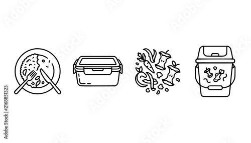 Food Waste Prevention Leftovers and Organic Scrap Thin Line Vector Icons